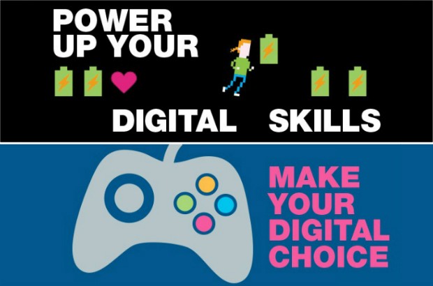 Graphic promoting the Digital fortnight event in the style of a video game.