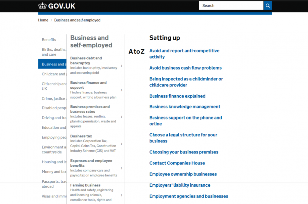 Screen shot of the old 'Setting up a business' browse page.